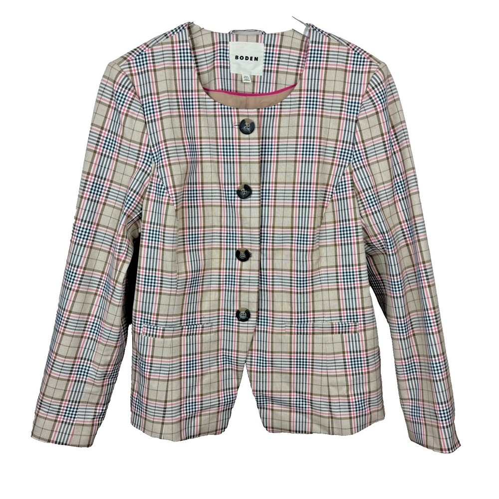 Boden Blazer Women US 16 Tan Pink Plaid Collarless Jacket Preppy Academia